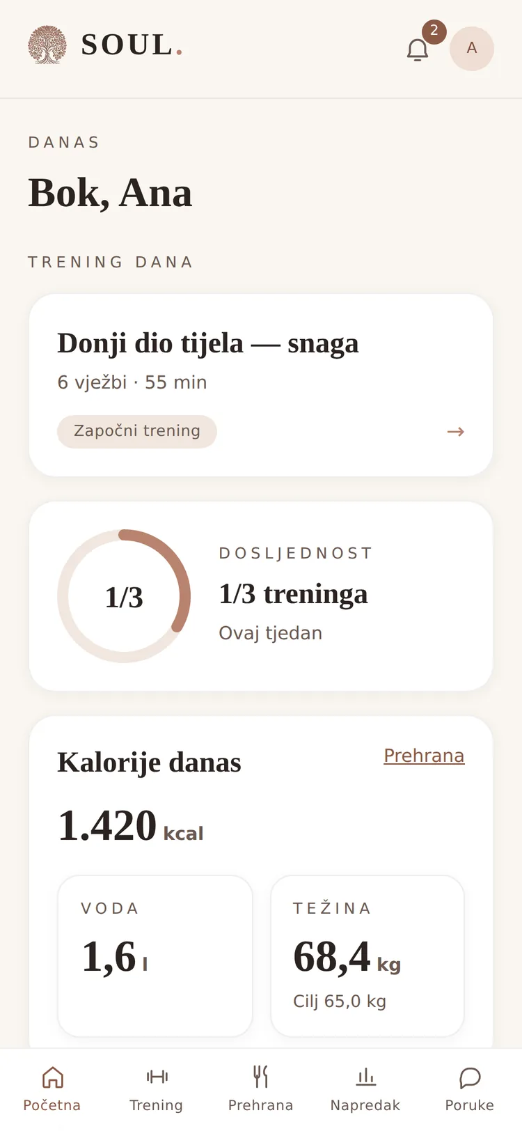 Isti portal na telefonu: trening dana, dosljednost i kalorije, s navigacijom pri dnu.